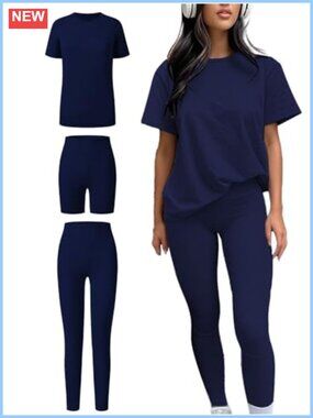 Women's 3-Piece Active Set High Waist Yoga Pants Short Sleeve Crew Neck Top